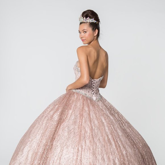 NEW LONG SLEEVELESS STRAPLESS MESH BALL GOWN EMBROIDERED WITH RHINESTONES GL2801 - Picture 4 of 9